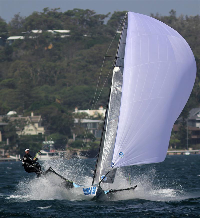 Bing Lee chased hard all day to finish in second place during 18ft Skiff NSW Championship race 4 photo copyright Frank Quealey taken at Australian 18 Footers League and featuring the 18ft Skiff class