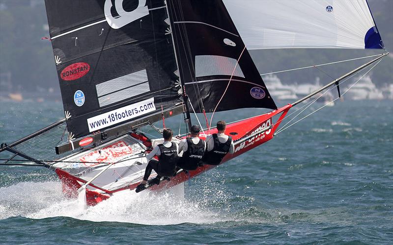 Smeg leads a tight group into the 2018-2019 NSW 18ft Skiff Championship finale photo copyright Frank Quealey taken at Australian 18 Footers League and featuring the 18ft Skiff class