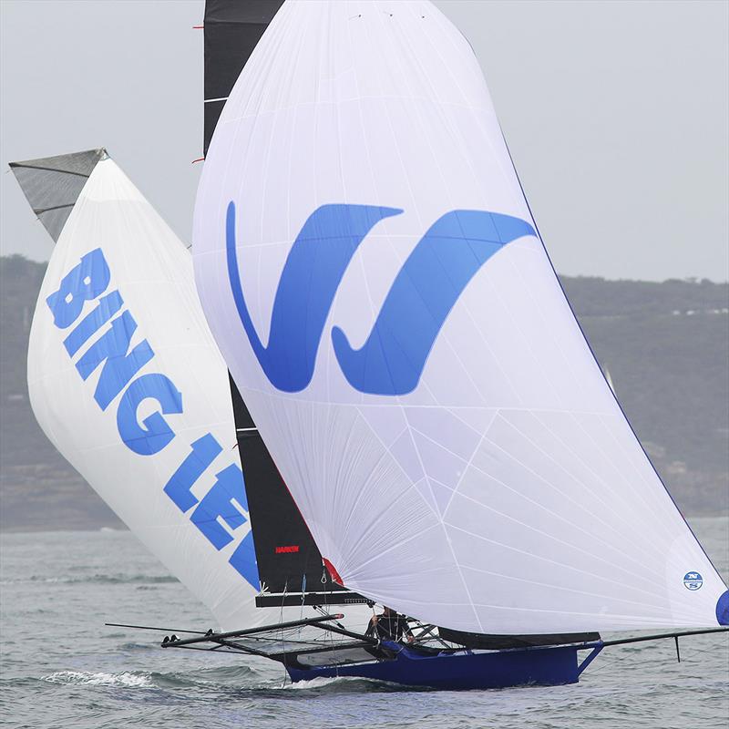 Winning Group leads Bing Lee to the bottom mark on lap one of the course on day 1 of the 18ft Skiff Australian Championship photo copyright Frank Quealey taken at Australian 18 Footers League and featuring the 18ft Skiff class