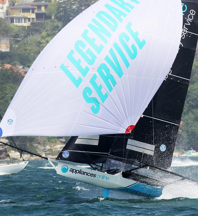 Appliancesonline almost totally airborne on day 2 of the 18ft Skiff Australian Championship photo copyright Frank Quealey taken at Australian 18 Footers League and featuring the 18ft Skiff class
