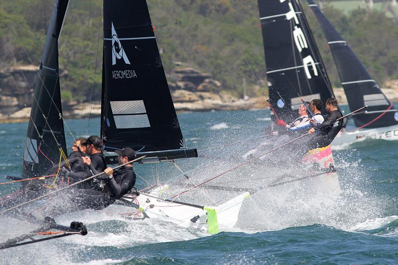 Tight racing as skiffs round the bottom mark in more than 25 knots on day 2 of the 18ft Skiff Australian Championship - photo © Frank Quealey