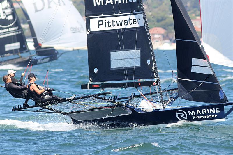 R Marine Pittwater at pace in Race 8 on day 5 of the 18ft Skiff Australian Championship photo copyright Frank Quealey taken at Australian 18 Footers League and featuring the 18ft Skiff class