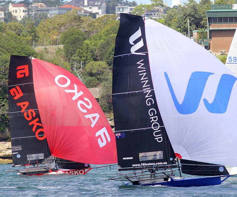 Winning Group and Asko Appliances go head-to-head downwind to the wing mark during race 1 of the 18ft Skiff JJ Giltinan Championship photo copyright Frank Quealey taken at Australian 18 Footers League and featuring the 18ft Skiff class