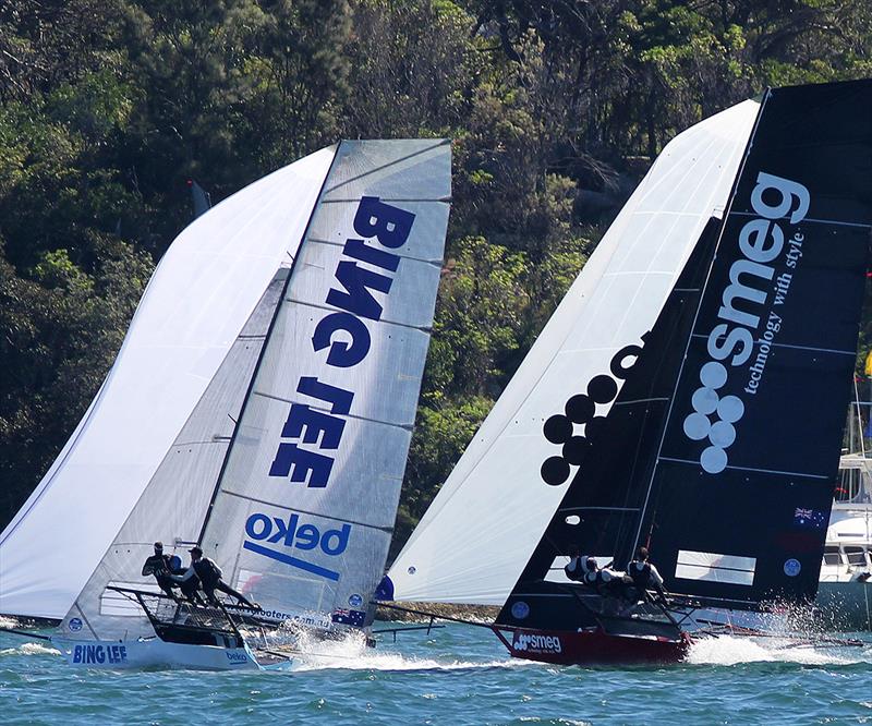 Bing Lee leads Smeg into the bottom mark on the second lap of the course during race 2 of the 18ft Skiff JJ Giltinan Championship photo copyright Frank Quealey taken at Australian 18 Footers League and featuring the 18ft Skiff class