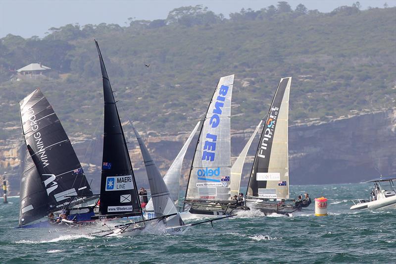 Windward mark rounding on day 3 of the 18ft Skiff JJ Giltinan Championship photo copyright Frank Quealey taken at Australian 18 Footers League and featuring the 18ft Skiff class