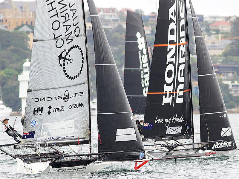 Close racing to the top mark in Race 7 on day 5 of the 18ft Skiff JJ Giltinan Championship  - photo © Frank Quealey