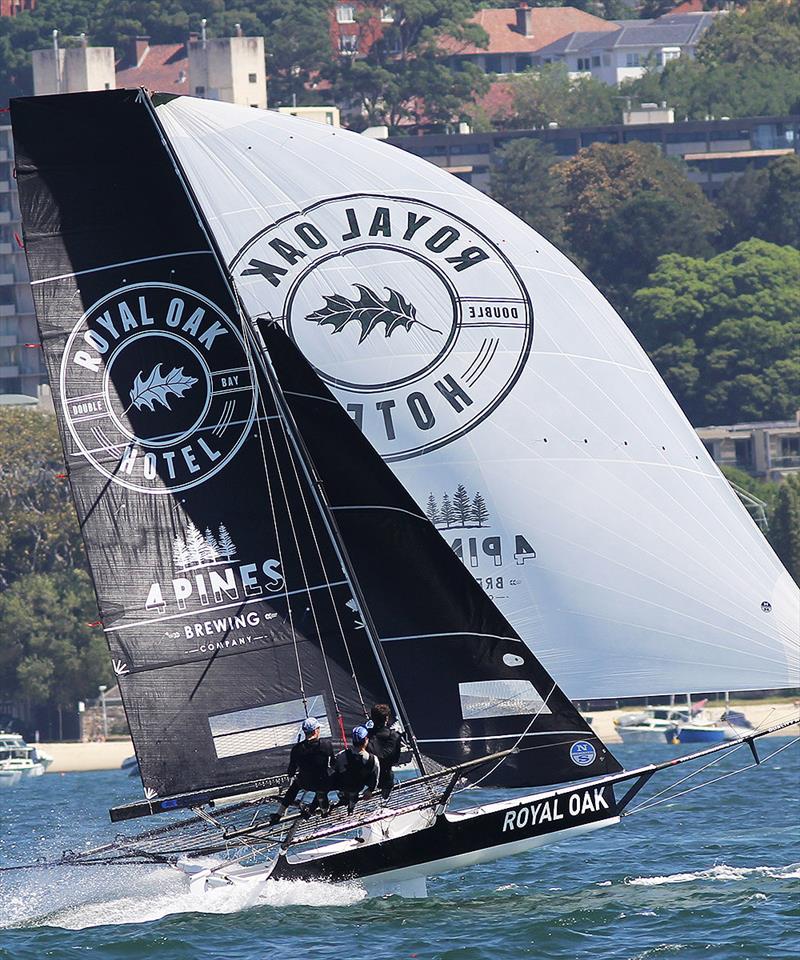 The Oak Double Bay 'fly' between the islands during the 2018 Spring Championship photo copyright Frank Quealey taken at Australian 18 Footers League and featuring the 18ft Skiff class