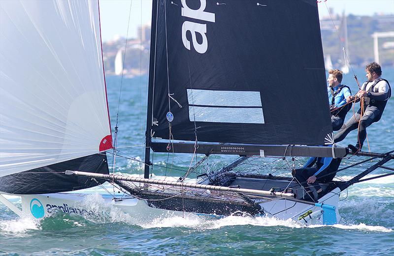 Appliancesonline.com.au crew leads the fleet down the first spinnaker run in race 2 of the 18ft Skiff Spring Championship on Sydney Harbour - photo © Frank Quealey