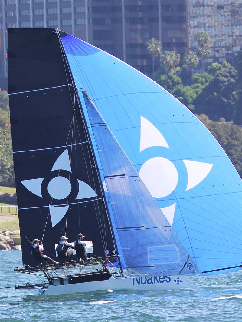 Noakles Blue, skippered by Yvette Heritage in race 2 of the 18ft Skiff Spring Championship on Sydney Harbour photo copyright Frank Quealey taken at Australian 18 Footers League and featuring the 18ft Skiff class