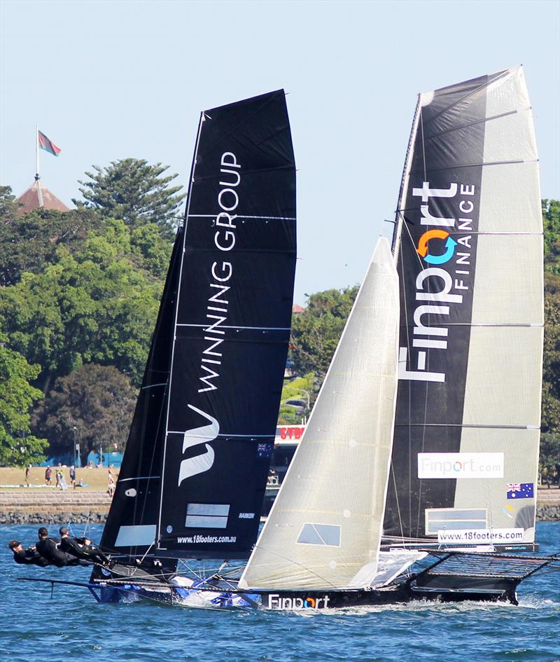 Leaders separated by only secs. as they sail to the final windward mark in race 1 of the 18ft Skiff Club Championship on Sydney Harbour photo copyright Frank Quealey taken at Australian 18 Footers League and featuring the 18ft Skiff class