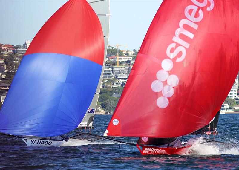 Last week's winner Smeg battles with Yandoo down the final leg of the course in race 6 of the 18ft Skiff Spring Championship on Sydney Harbour photo copyright Frank Quealey taken at Australian 18 Footers League and featuring the 18ft Skiff class