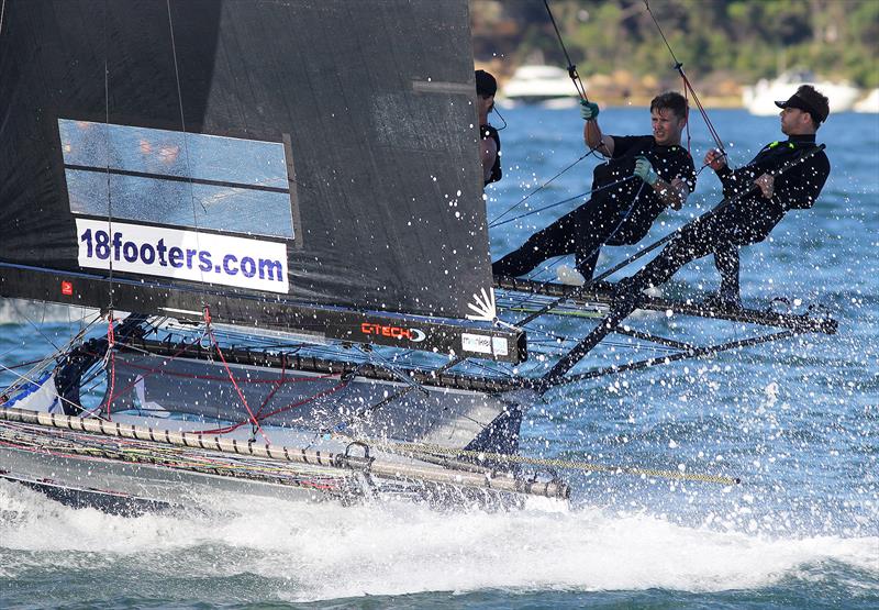 R Marine Pittwater flashes home in race 6 of the 18ft Skiff Spring Championship on Sydney Harbour photo copyright Frank Quealey taken at Australian 18 Footers League and featuring the 18ft Skiff class