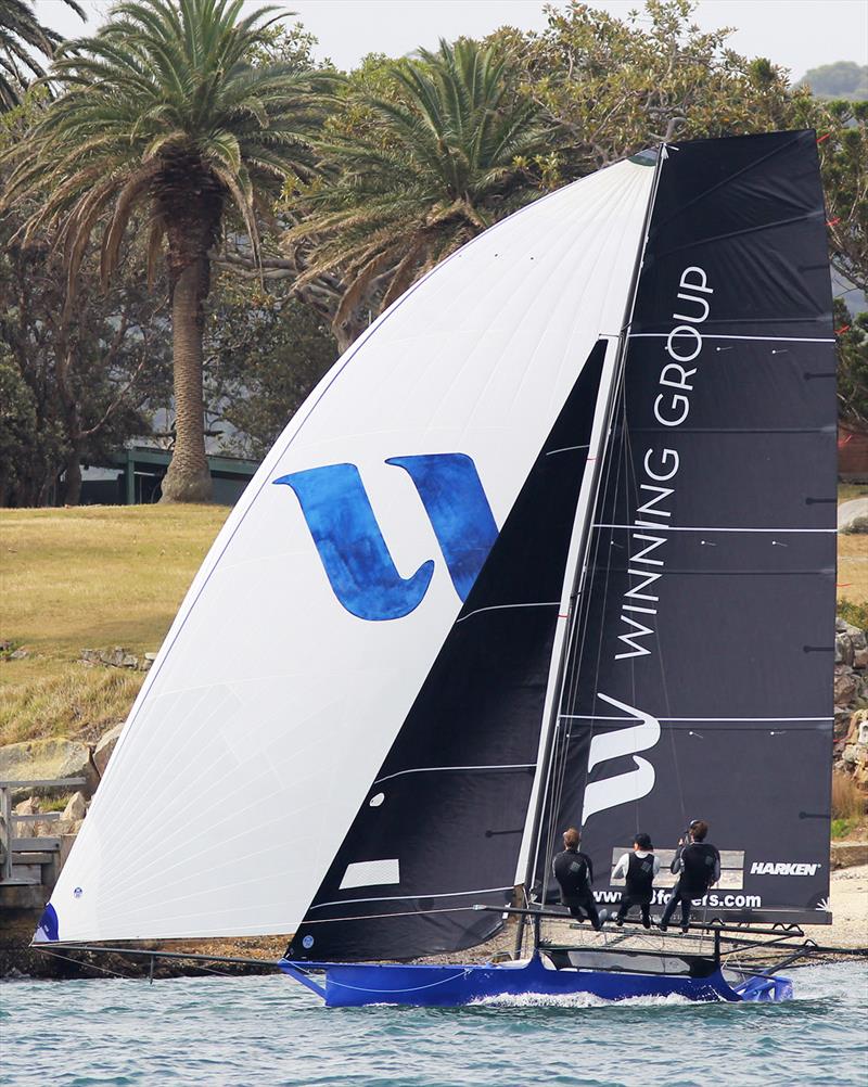 Winning Group leads the fleet on the final spinnaker run past Shark Island in race 1 of the 18ft Skiff NSW Championship photo copyright Frank Quealey taken at Australian 18 Footers League and featuring the 18ft Skiff class