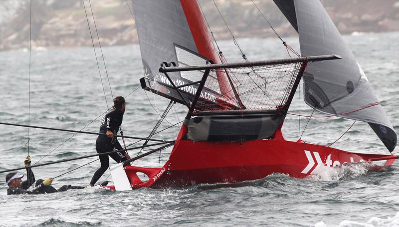 An awkward moment for the Tech2 team at the bottom mark in Race 4 on day 2 of the 18ft Skiff Australian Championship photo copyright Frank Quealey taken at Australian 18 Footers League and featuring the 18ft Skiff class
