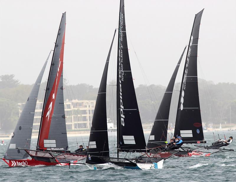 The race for second place on the first leg of Race 4 on day 2 of the 18ft Skiff Australian Championship photo copyright Frank Quealey taken at Australian 18 Footers League and featuring the 18ft Skiff class