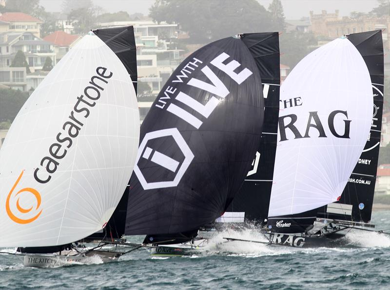 Typical of the close fleet racing in Race 3 on day 2 of the 18ft Skiff Australian Championship photo copyright Frank Quealey taken at Australian 18 Footers League and featuring the 18ft Skiff class
