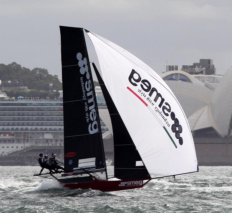 Smeg tried hard to take on Tech2 but dropped back as the breeze faded during race 16 of the 18ft Skiff Club Championship on Sydney Harbour photo copyright Frank Quealey taken at Australian 18 Footers League and featuring the 18ft Skiff class