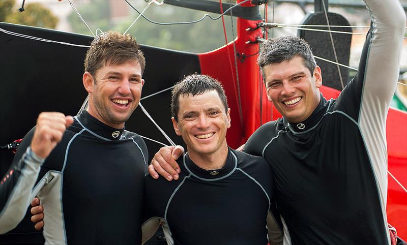 Winning Gotta Love It 7 team, Seve Jarvin, Scott Babbage, Peter Harris photo copyright Frank Quealey taken at Australian 18 Footers League and featuring the 18ft Skiff class