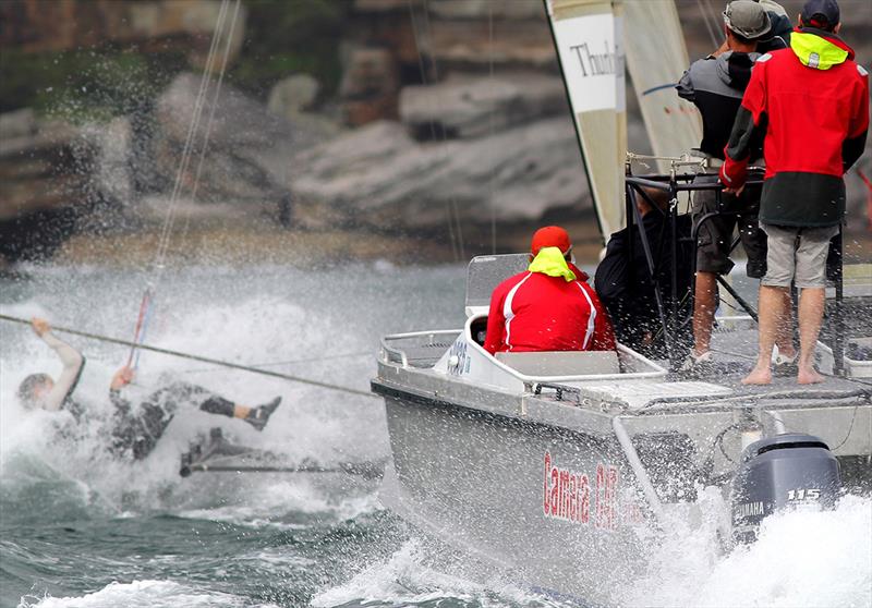 Michael Coxon drives Thurlow Fisher Lawyers into the wind photo copyright Frank Quealey taken at Australian 18 Footers League and featuring the 18ft Skiff class