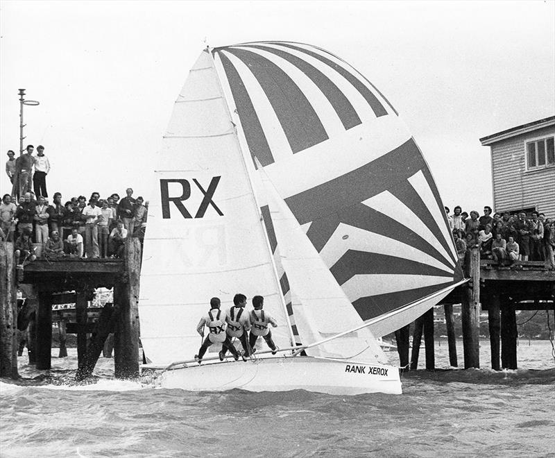 New Zealand's 18ft Skiff Racing Record: Rank Xerox races past the crowd on Orakei Wharf - photo © Archive