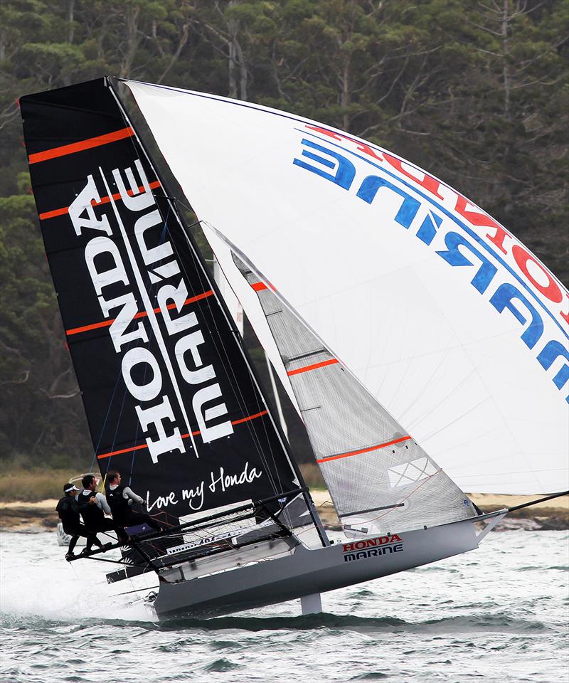 New Zealand's 18ft Skiff Racing Record: Honda Marine, spinnaker action in 2019 photo copyright Frank Quealey taken at Australian 18 Footers League and featuring the 18ft Skiff class