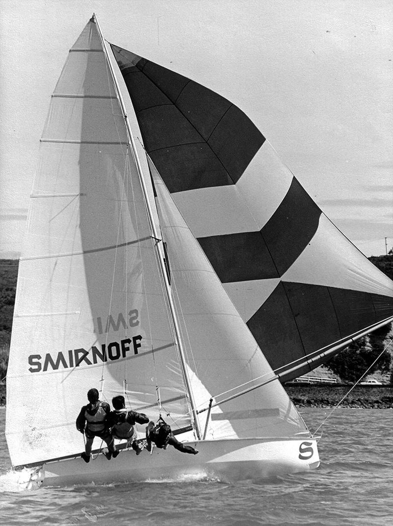 New Zealand's 18ft Skiff Racing Record: 1972, Don Lidgard's Smirnoff dominated the fleet on Brisbane's Waterloo Bay photo copyright Archive taken at Brisbane 18 Footers Sailing Club and featuring the 18ft Skiff class