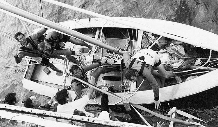 TraveLodge crew of the 1960s accepting one of the many championship winners ribbons photo copyright Archive taken at Australian 18 Footers League and featuring the 18ft Skiff class