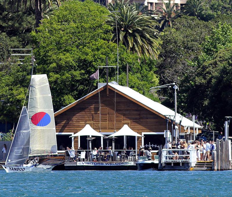 Yandoo seen alongside of the Australian 18 Footers League clubhouse as it leaves the rigging area photo copyright Frank Quealey taken at Australian 18 Footers League and featuring the 18ft Skiff class