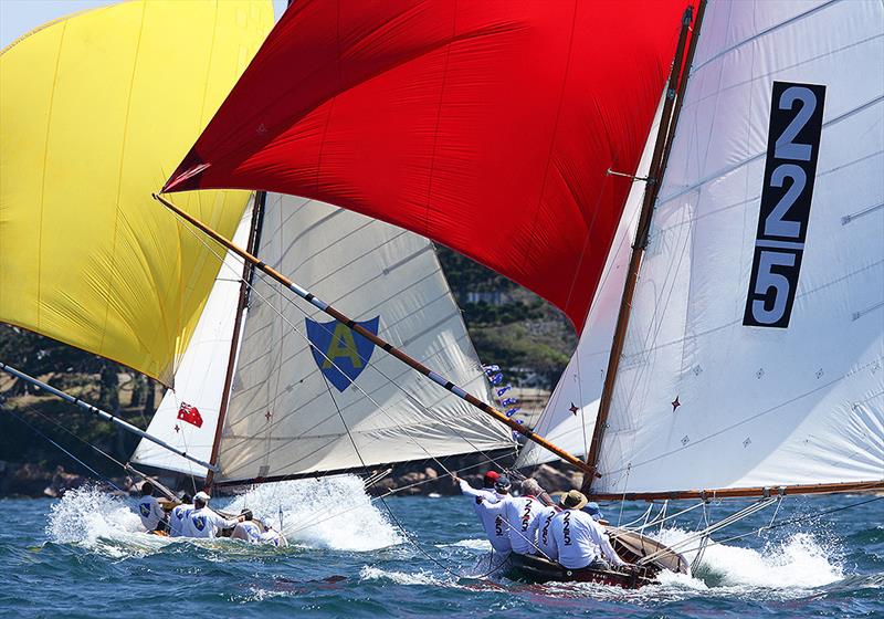 The Mistake, the historical 18 which John Winning will skipper in 2021, chases Alruth downwind photo copyright Frank Quealey taken at Australian 18 Footers League and featuring the 18ft Skiff class