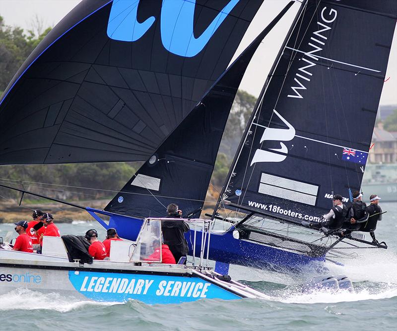 AeroMedia video team get as close to the action as possible to catch Winning Group on a flying spinnaker run photo copyright Frank Quealey taken at Australian 18 Footers League and featuring the 18ft Skiff class