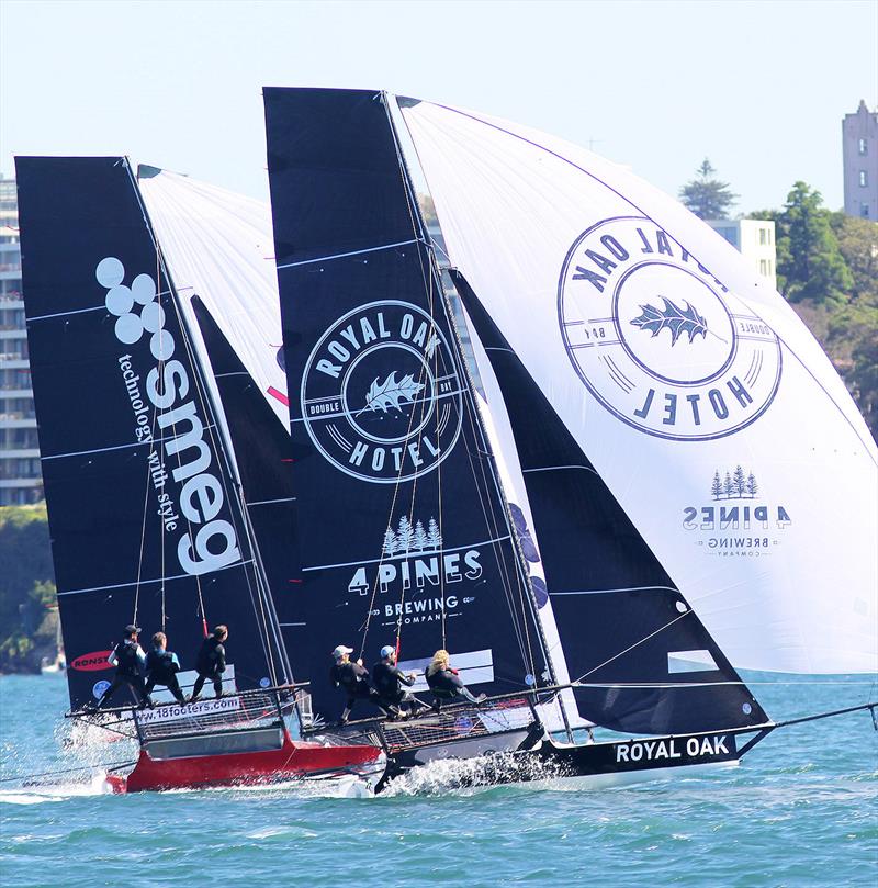 The Oak Double Bay-4 Pines and Smeg on a tight spinnaker run - photo © Frank Quealey