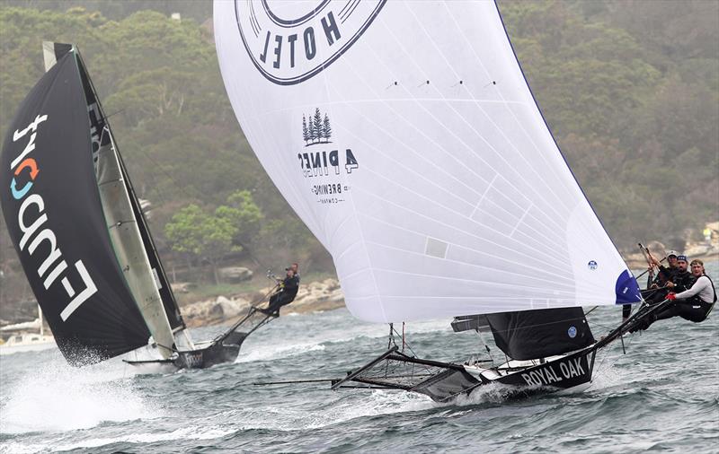 The Oak Double Bay-4 Pines leads Finport Finance into the bottom mark during the Nationals photo copyright Frank Quealey taken at Australian 18 Footers League and featuring the 18ft Skiff class