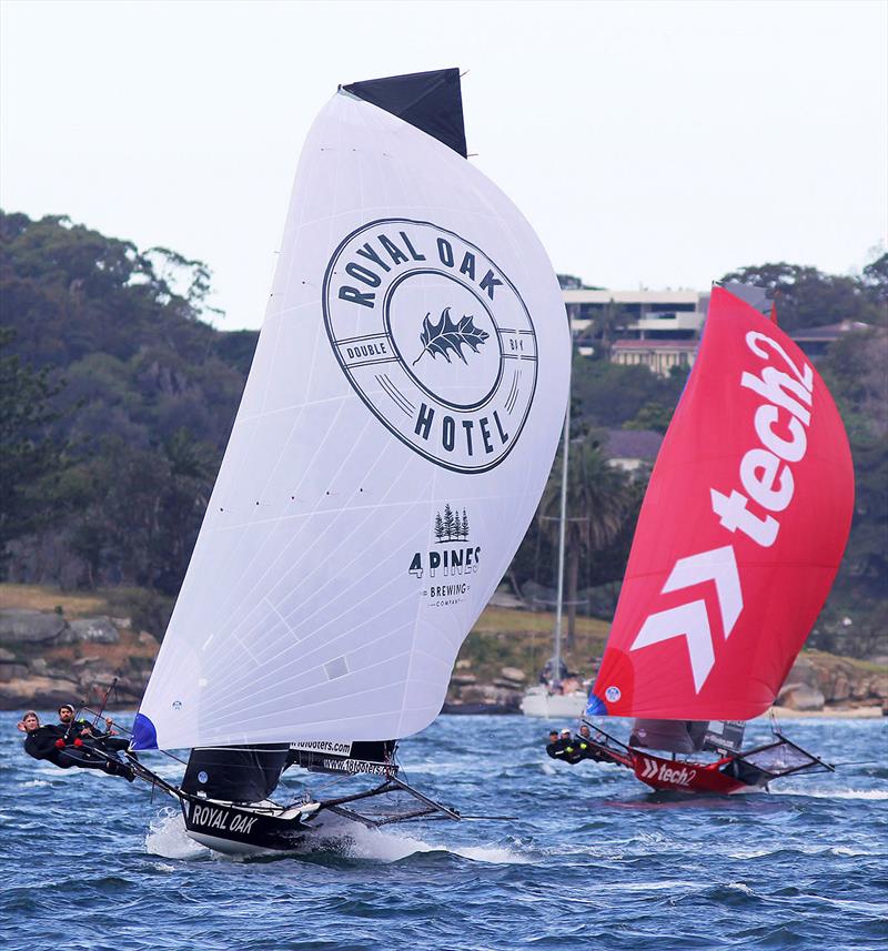 The Oak Double Bay-4 Pines leads tech2 home in race 1 of the 18ft Skiff Spring Championship photo copyright Frank Quealey taken at Australian 18 Footers League and featuring the 18ft Skiff class