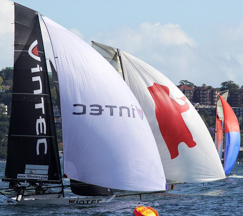 Vintec crosses the finish line to give the rookie team its first 18ft Skiff victory in during 18ft Skiff Spring Championship Race 6 photo copyright Frank Quealey taken at Australian 18 Footers League and featuring the 18ft Skiff class