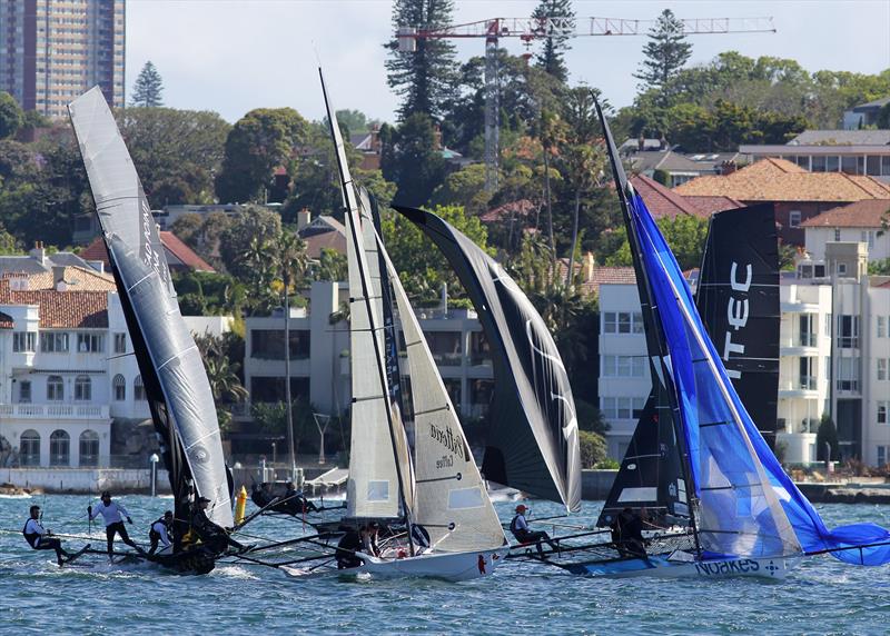 Bunched at the first 'red' windward mark during 18ft Skiff Spring Championship Race 5 - photo © Frank Quealey