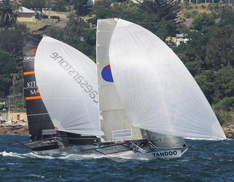 Spring champion Yandoo in spinnaker action with the young The Kitchen Maker-Caesarstone team photo copyright Frank Quealey taken at Australian 18 Footers League and featuring the 18ft Skiff class