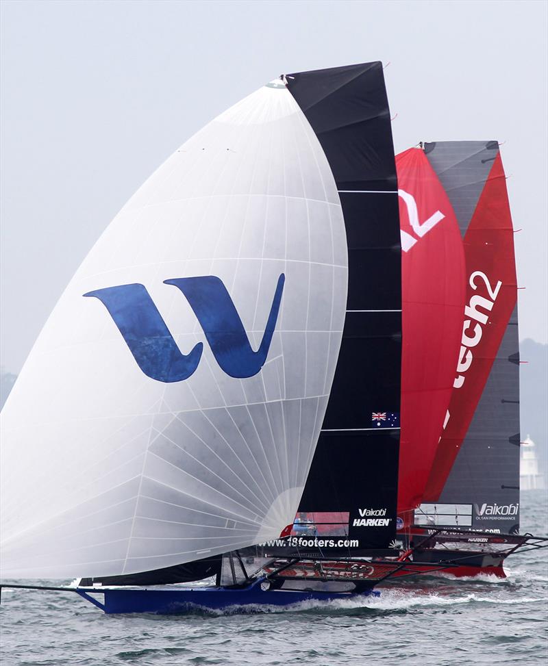 At the finish line of Race 1 of the 18ft Skiff NSW Championship photo copyright Frank Quealey taken at Australian 18 Footers League and featuring the 18ft Skiff class