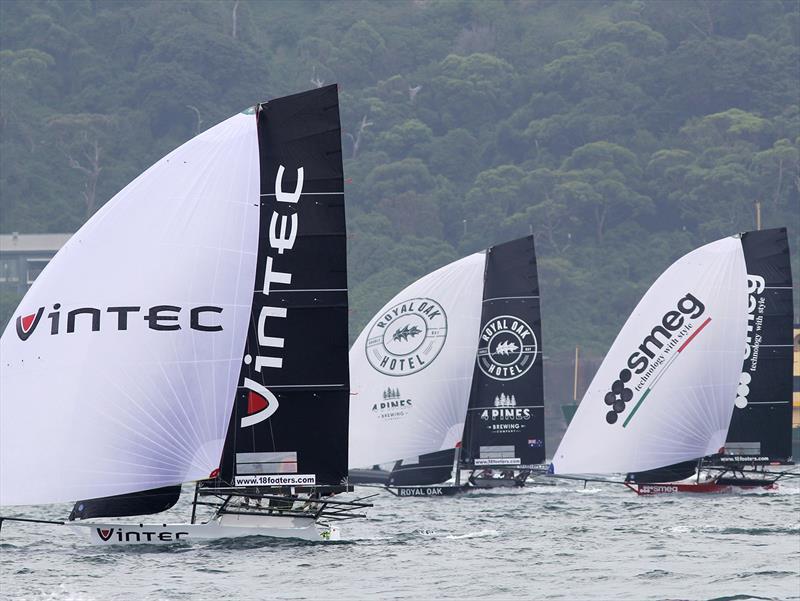 First spinnaker run during Race 1 of the 18ft Skiff NSW Championship - photo © Frank Quealey