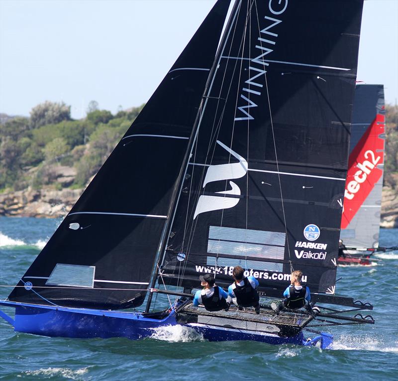 Winning Group looked to have tech2 covered on the final windward leg of the course during 18ft Skiff NSW Championship Race 3 photo copyright Frank Quealey taken at Australian 18 Footers League and featuring the 18ft Skiff class