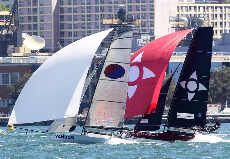 First spinnaker run during 18ft Skiff NSW Championship Race 3 photo copyright Frank Quealey taken at Australian 18 Footers League and featuring the 18ft Skiff class