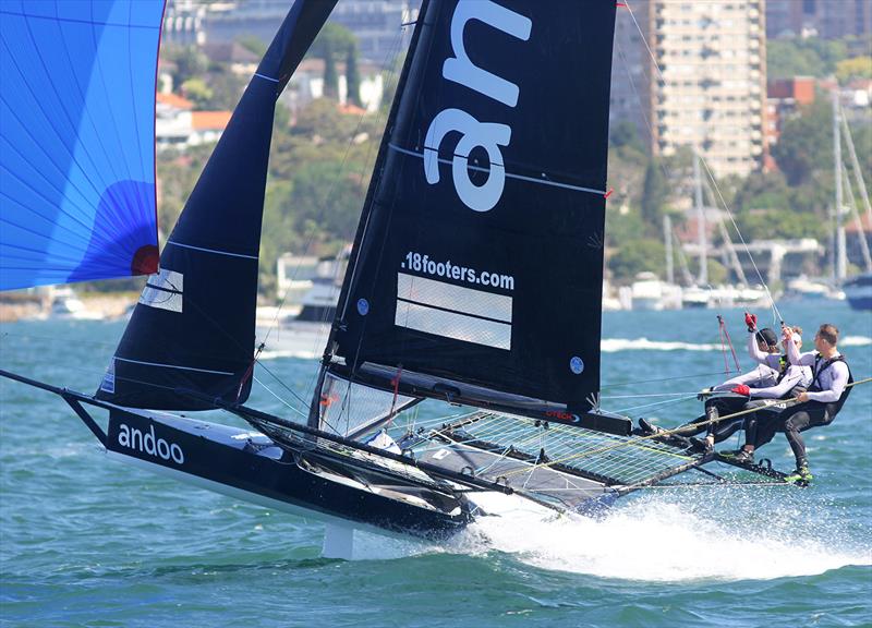 Great effort all day by the Andoo team to take third place in 18ft Skiff NSW Championship Race 3 photo copyright Frank Quealey taken at Australian 18 Footers League and featuring the 18ft Skiff class