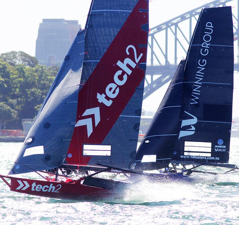 tech2 leads Winning Group 100 metres from the finish line of 18ft Skiff NSW Championship Race 3 photo copyright Frank Quealey taken at Australian 18 Footers League and featuring the 18ft Skiff class