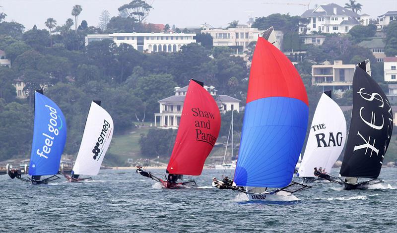Spinnaker run to the finish line in Race 1 of the 18ft Skiff NSW Championship photo copyright Frank Quealey taken at Australian 18 Footers League and featuring the 18ft Skiff class