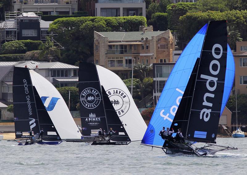 Action as the three leaders go to the wing mark on the first lap of the course during 18ft Skiff NSW Championship Race 4 photo copyright Frank Quealey taken at Australian 18 Footers League and featuring the 18ft Skiff class