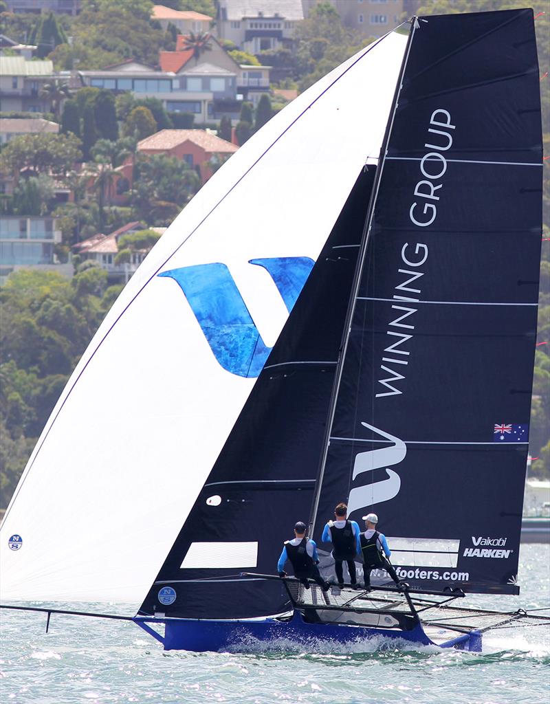 Winning Group team show their downwind form during 18ft Skiff NSW Championship Race 4 photo copyright Frank Quealey taken at Australian 18 Footers League and featuring the 18ft Skiff class