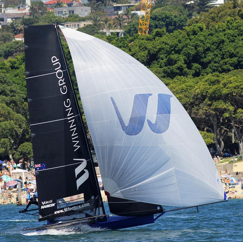 Winning Group shows her paces under spinnaker during 18ft Skiff NSW Championship Race 5 photo copyright Frank Quealey taken at Australian 18 Footers League and featuring the 18ft Skiff class
