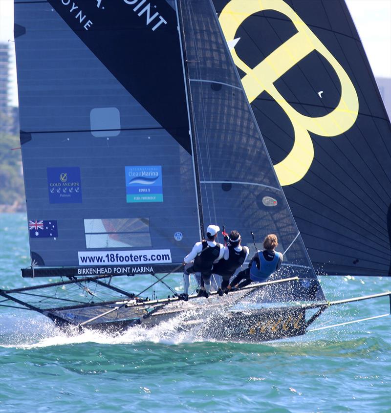 Smooth work by the Birkenhead Point Marina crew during 18ft Skiff NSW Championship Race 5 photo copyright Frank Quealey taken at Australian 18 Footers League and featuring the 18ft Skiff class