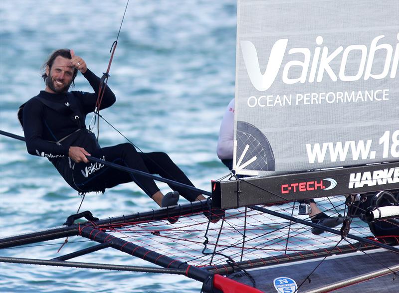 Jack Macartney gives the thumbs up to the spectator fleet during the 18ft Skiff NSW Championship final race photo copyright Frank Quealey taken at Australian 18 Footers League and featuring the 18ft Skiff class