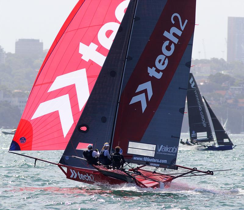 tech2 heads for home as Winning Group works to the windward mark during the 18ft Skiff NSW Championship final race photo copyright Frank Quealey taken at Australian 18 Footers League and featuring the 18ft Skiff class