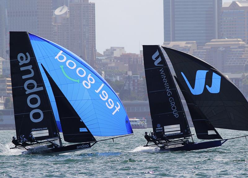 Andoo and Winning Group had a great battle throughout the course during the 18ft Skiff NSW Championship final race photo copyright Frank Quealey taken at Australian 18 Footers League and featuring the 18ft Skiff class